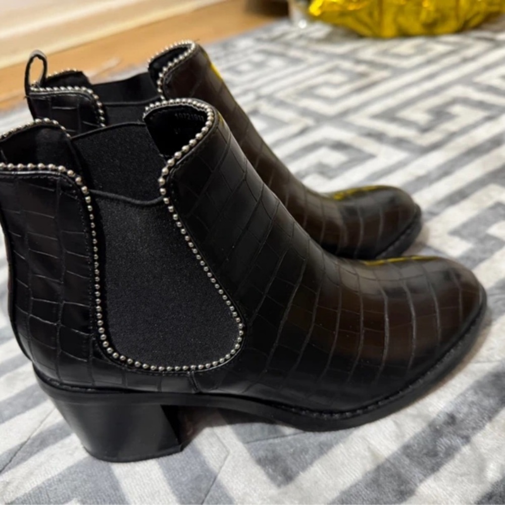 Dorothy Perkins Black Croc-Embossed Chelsea Booties with Silver Stud Trim
